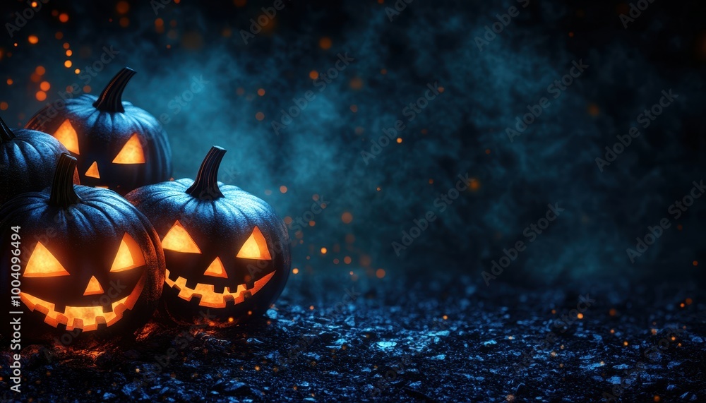 Fototapeta premium Illuminated Jack-o'-Lanterns in a Dark and Smoky Setting