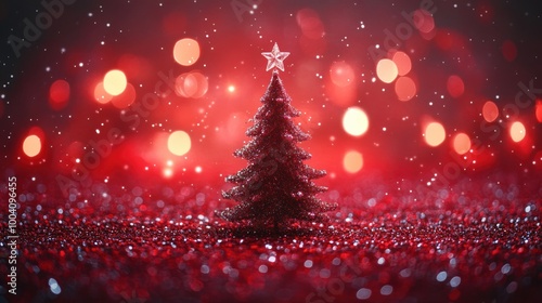 A sparkling Christmas tree adorned with a star, shimmering in a festive atmosphere filled with red bokeh lights during the holiday season