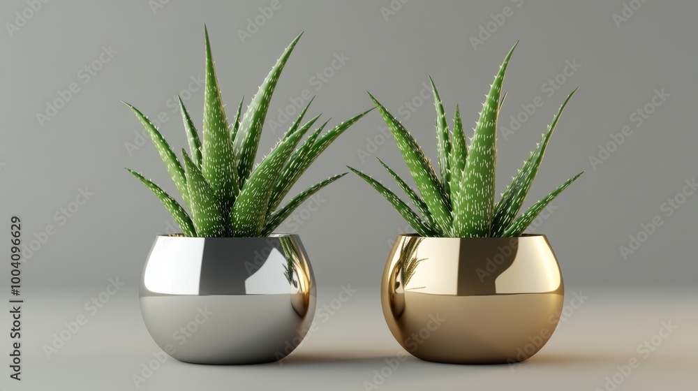 Two potted aloe vera plants with shiny gold and silver pots. Two potted aloe vera plants with shiny gold and silver pots.