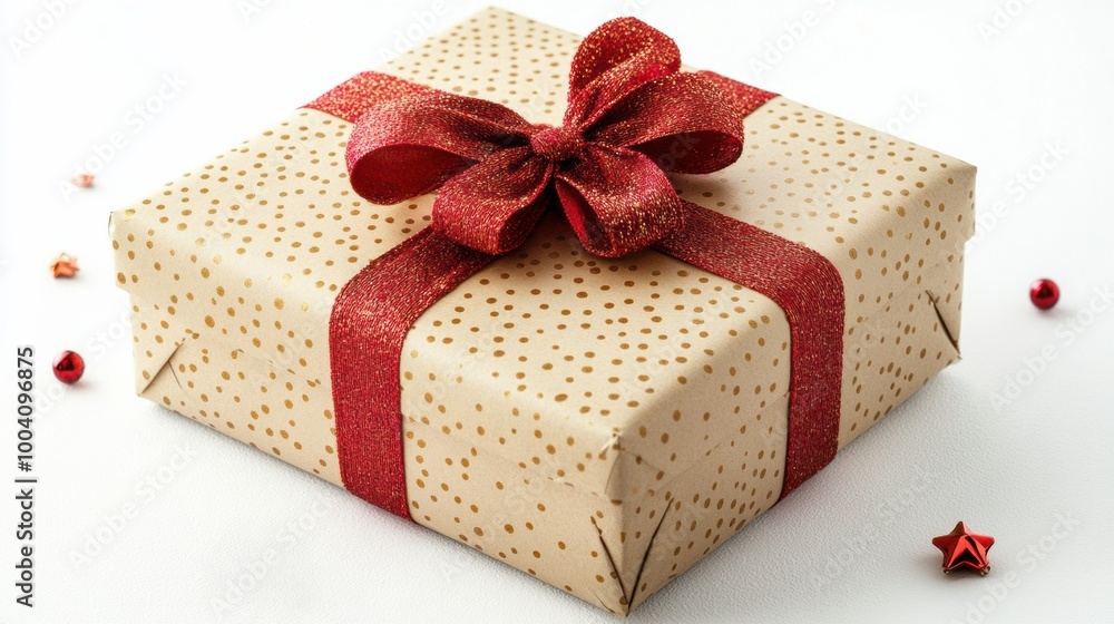 A beautifully wrapped gift adorned with a shimmering red bow and festive details, set against a clean white background A beautifully wrapped gift adorned with a shimmering red bow and festive details, set against a clean white background