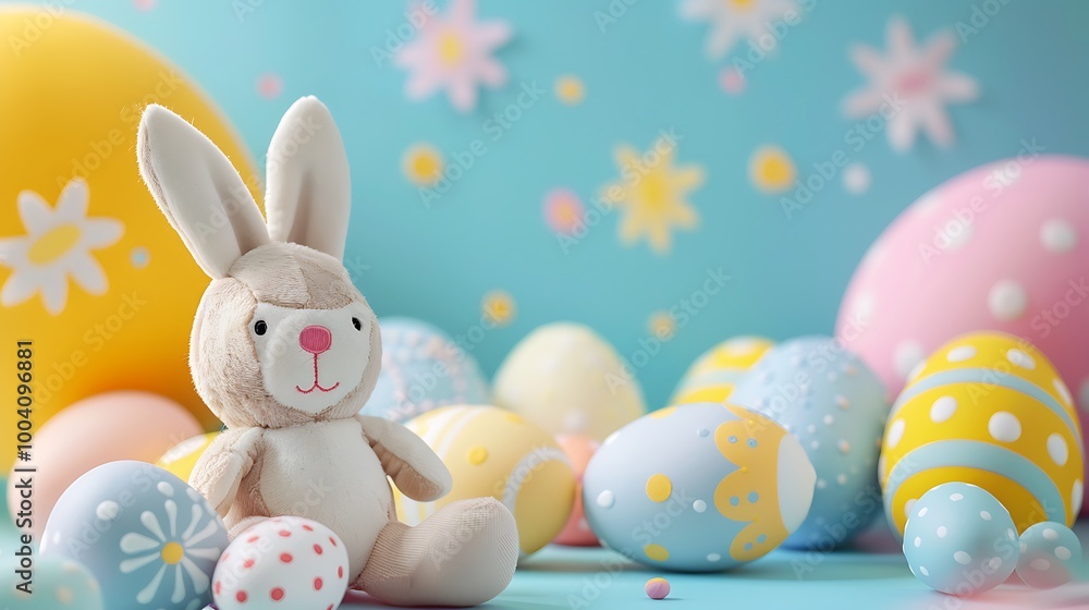 Various easter eggs with soft toy isolated on colorful background Various easter eggs with soft toy isolated on colorful background