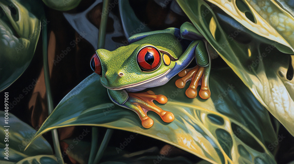 A vibrant red-eyed tree frog resting on a leaf A vibrant red-eyed tree frog resting on a leaf