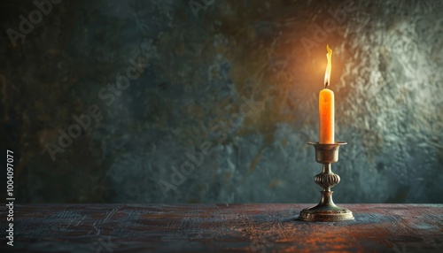 Burning Candle on Rustic Table