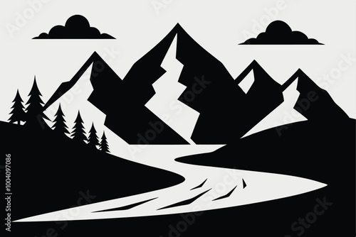 Landscape with silhouettes of mountains and Mountain river. Nature background. Vector illustration. Old style black and white mountain vector