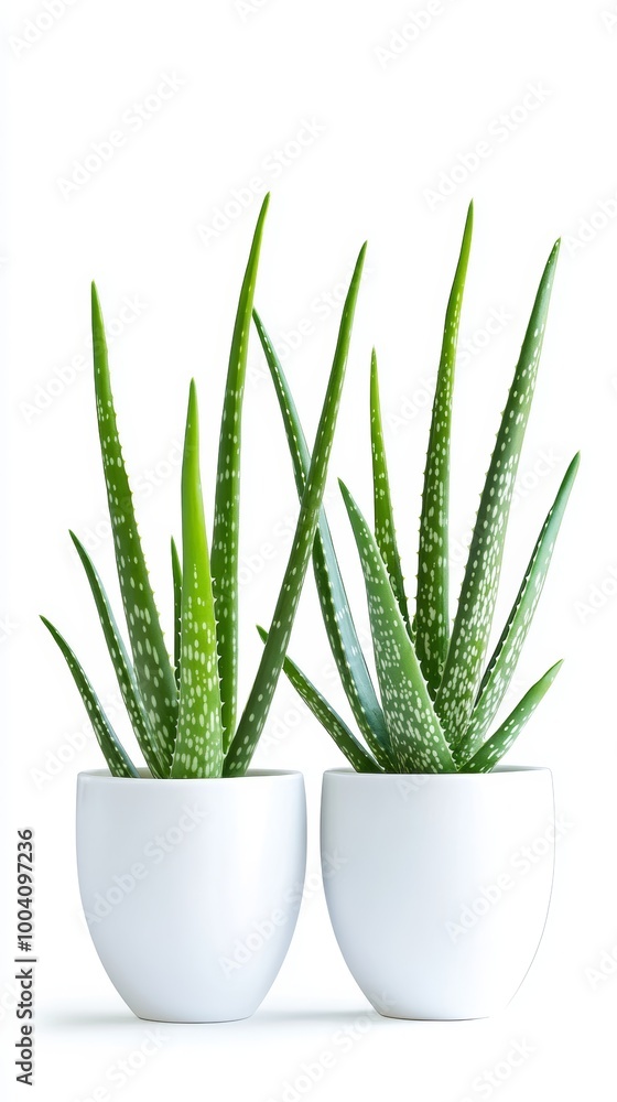 Two potted Aloe Vera plants on a white background. Two potted Aloe Vera plants on a white background.