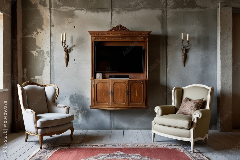Fototapeta premium Cozy Rustic Living Room with Vintage Wall-Mounted TV Cabinet and Elegant Armchair on Distressed Concrete Wall