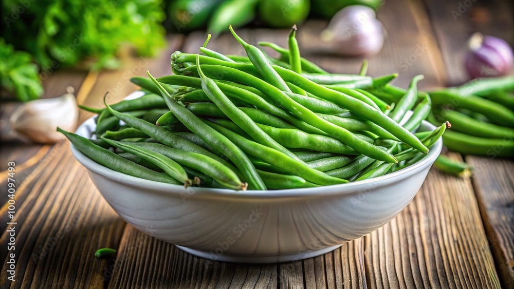 Fresh green vainitas packed tightly in a bowl form a bed of vibrant, emerald green, their delicate curves and ridges on full display. Fresh green vainitas packed tightly in a bowl form a bed of vibrant, emerald green, their delicate curves and ridges on full display.