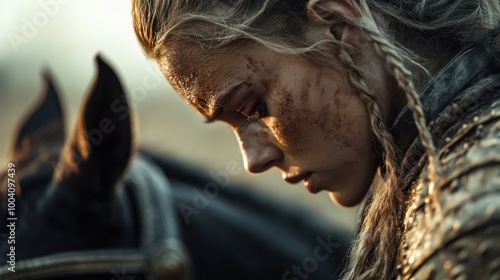 A fierce warrior, encased in armor and with braided hair, shows determination and readiness, captured in a tense battlefield setting alongside a horse. photo