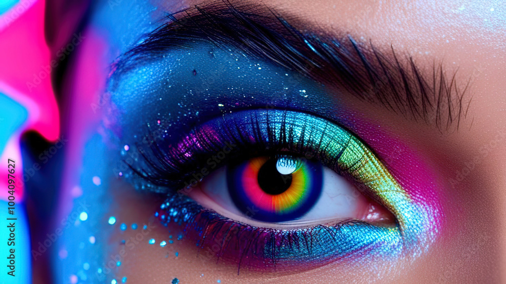 A woman's eye is painted with a rainbow of colors A woman's eye is painted with a rainbow of colors