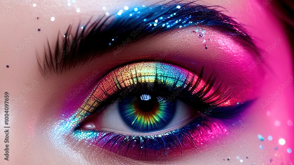 A woman's eye is covered in colorful glitter and makeup A woman's eye is covered in colorful glitter and makeup