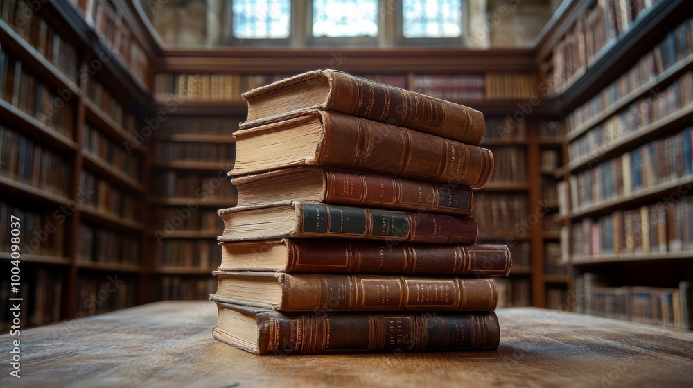 A stack of books on a table in a library A stack of books on a table in a library