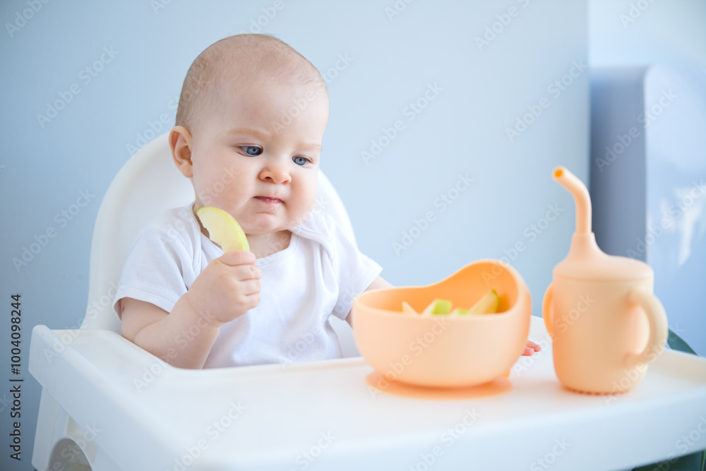cute bald baby eating apple sitting in a baby chair on bright kitchen. weaning cute bald baby eating apple sitting in a baby chair on bright kitchen. weaning