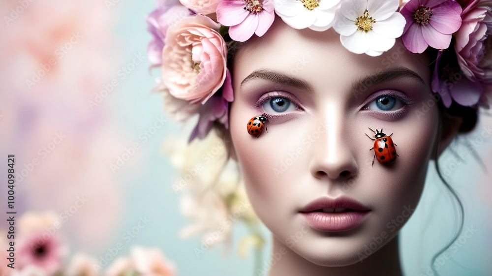 A woman with a flower crown on her head and two ladybugs on her face A woman with a flower crown on her head and two ladybugs on her face