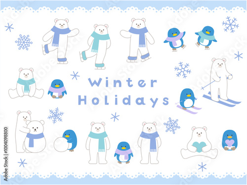 冬の白熊とペンギンのベクターイラスト。シロクマ、マフラー、スキー、スケート、動物