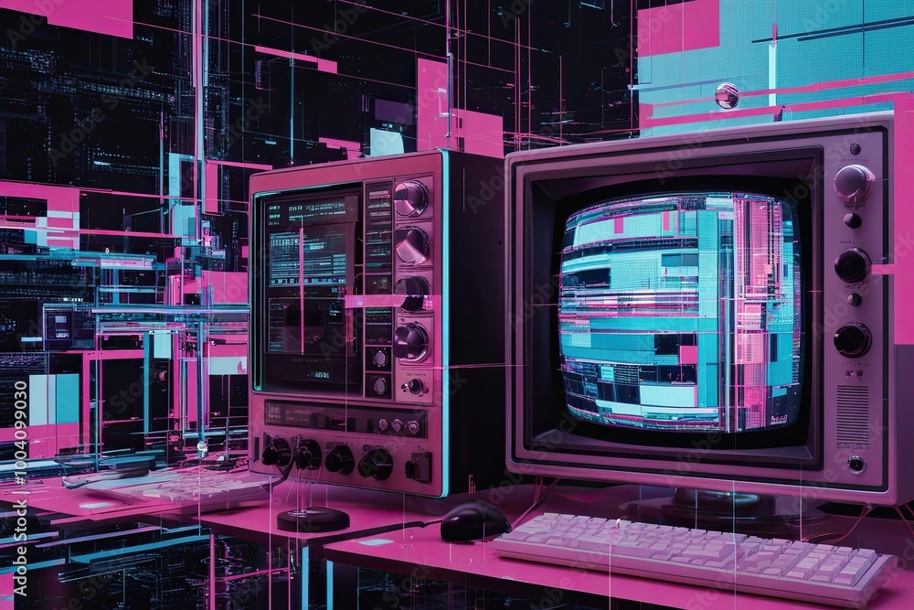 Obraz premium Glitchy Retro TV Aesthetic with Distinctive Analog Interference Elements