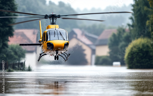 Yellow helicopter flying over flooded area, emergency rescue operation. photo