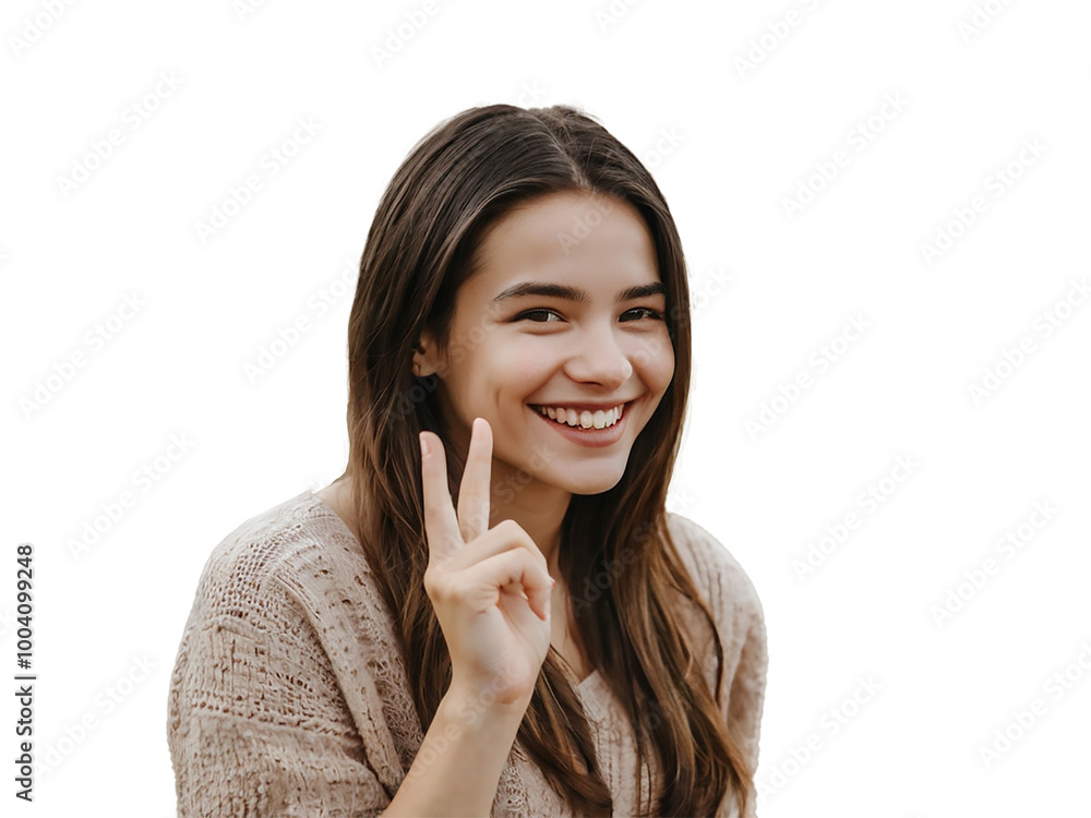 a young woman smiling and show V-sign in one hand cut out a young woman smiling and show V-sign in one hand cut out