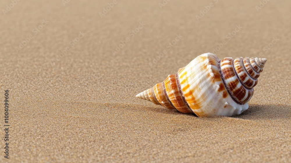 A close-up of a spiral seashell resting on sandy beach. A close-up of a spiral seashell resting on sandy beach.