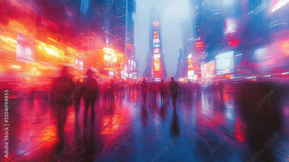 Fototapeta premium bustling city street blurred silhouettes of pedestrians in motion modern skyscrapers loom overhead neon lights reflect on wet pavement atmospheric urban scene sense of anonymity and energy