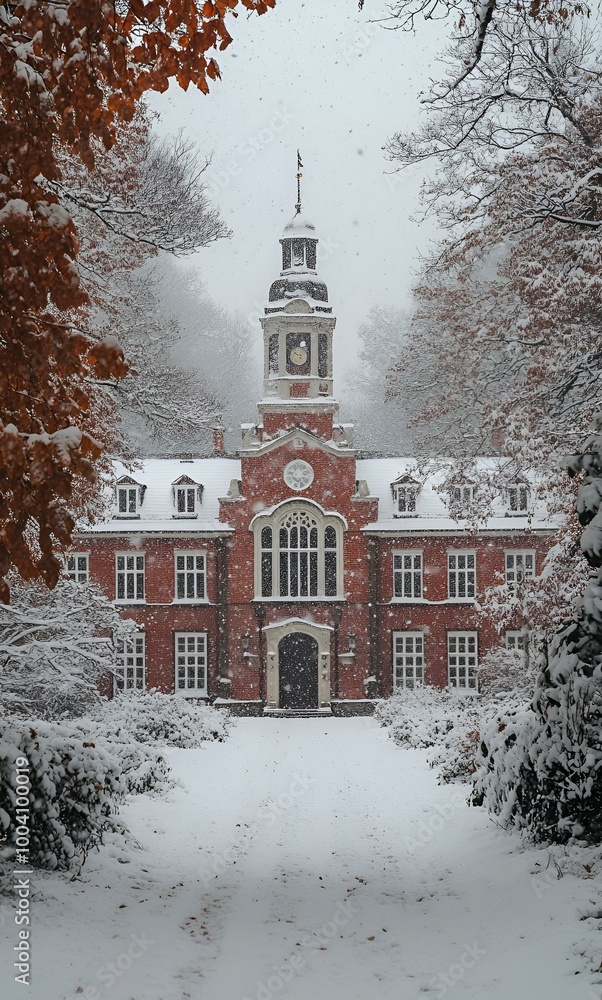 a building with a tower and snow
a building with a tower and snow