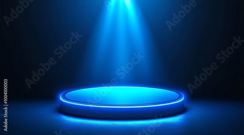 A radiant blue podium illuminated by a vibrant spotlight on a deep blue background sets a luxurious scene perfect for a prestigious award ceremony. 