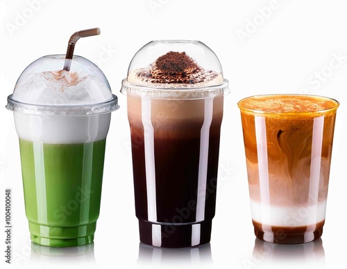 various hot beverages drinks. different coffee drinks assorted isolated on white background