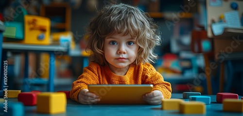 A child joyfully interacting with a tablet, immersed in a digital world of games and learning. photo