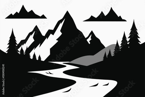 Landscape with silhouettes of mountains and Mountain river. Nature background. Vector illustration. Old style black and white mountain vector