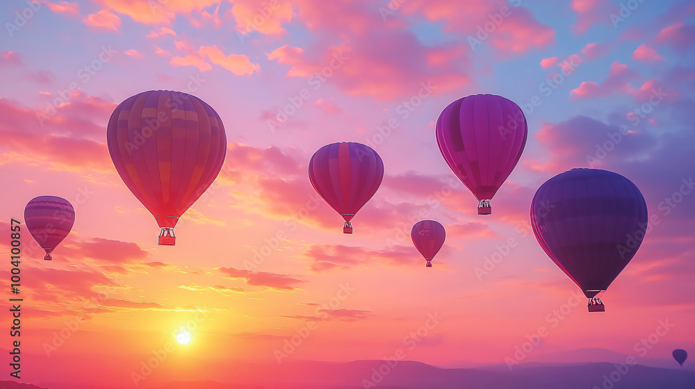 Obraz premium A vibrant photograph of colorful hot air balloons floating in the sky at sunrise.