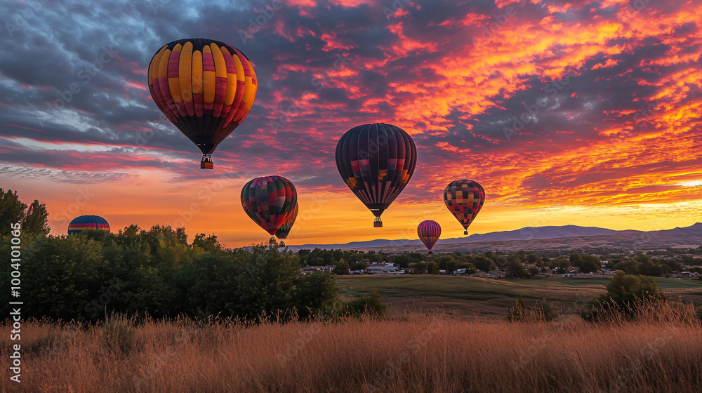 Obraz premium A vibrant photograph of colorful hot air balloons floating in the sky at sunrise.