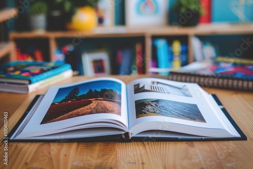 An open book resting on a wooden table, ideal for educational or office settings