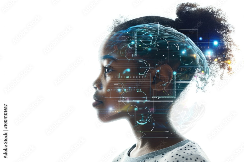 A young girl wearing a futuristic helmet in a neutral background A young girl wearing a futuristic helmet in a neutral background