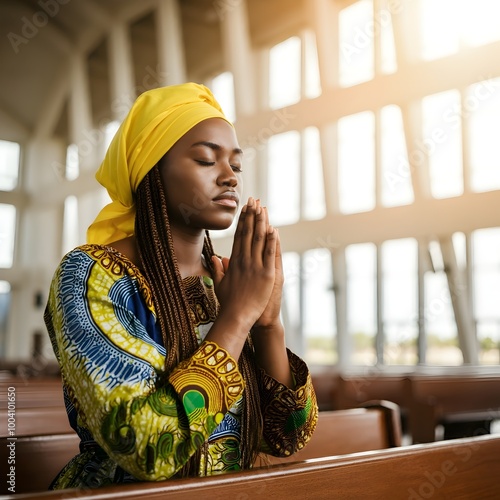 devoted beautiful young African Christian lady studying Bible at the church photo