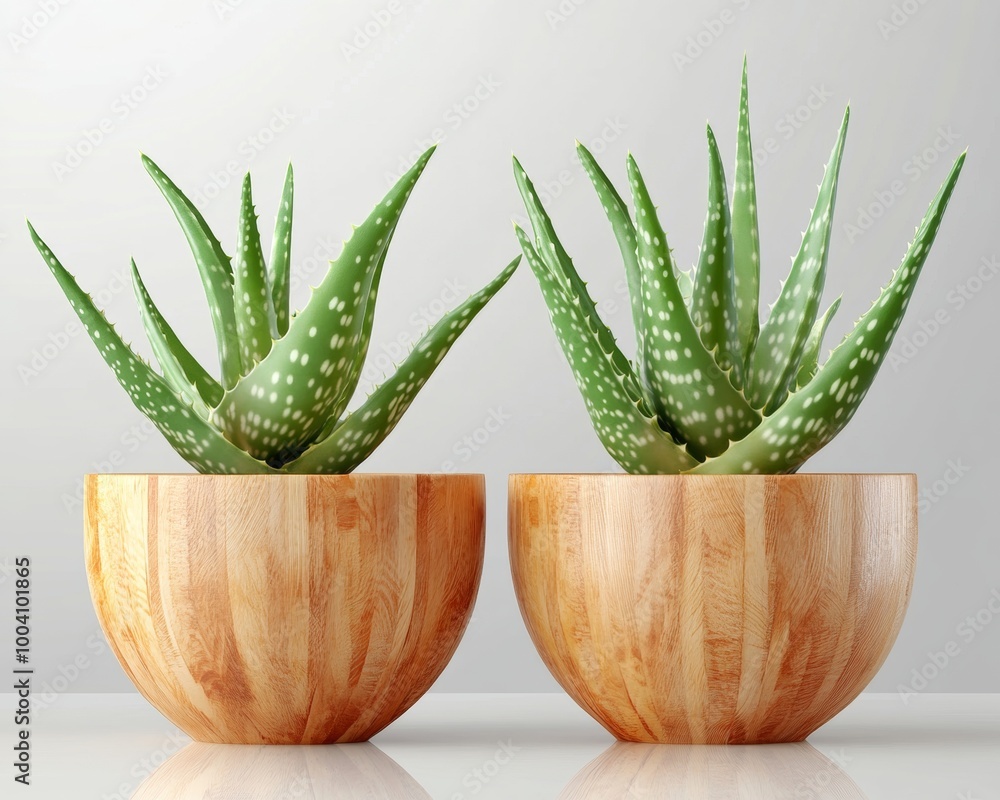 Two Aloe Vera Plants in Wooden Pots. Two Aloe Vera Plants in Wooden Pots.