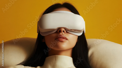 Teen with Latest VR Headset on Muted Yellow Background photo