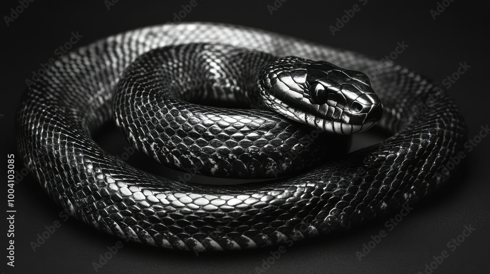 Obraz premium A sleek snake coiled on a monochrome background, showcasing its sinuous body in stark contrast.