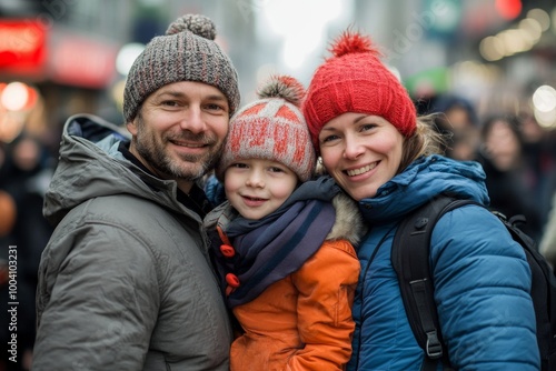 Young Caucasian family in New York City taking a photo during winter