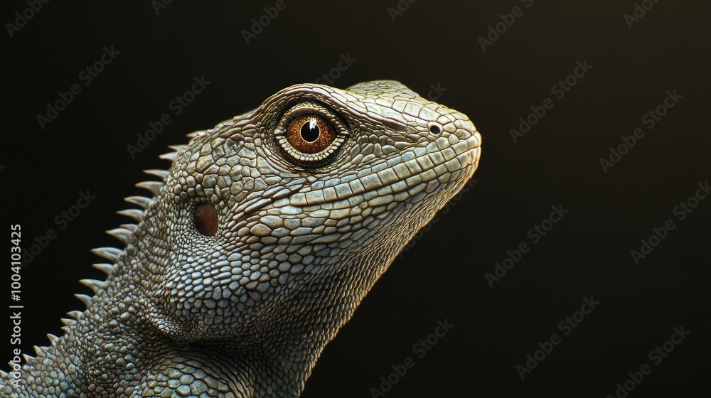 Fototapeta premium A solid background highlights the intricate scales of a lizard, creating a modern, minimalistic aesthetic.