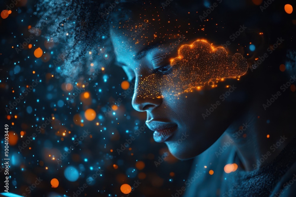 a man intensely focused on a tablet with a digital cloud interface appearing above it symbolizing the integration of technology and modern communication in everyday life a man intensely focused on a tablet with a digital cloud interface appearing above it symbolizing the integration of technology and modern communication in everyday life