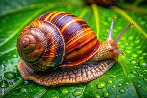 Lissachatina fulica, the Giant African Snail, on a green leaf in a natural habitat setting photo