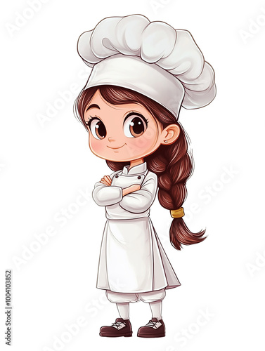 a cute chef girl standing with her arms crossed cartoon style cut out