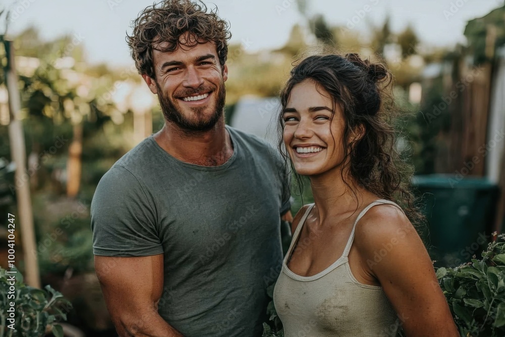 A cheerful couple is enthusiastically engaging in gardening on a sunny day, surrounded by lush plants, conveying happiness and connection with nature. A cheerful couple is enthusiastically engaging in gardening on a sunny day, surrounded by lush plants, conveying happiness and connection with nature.