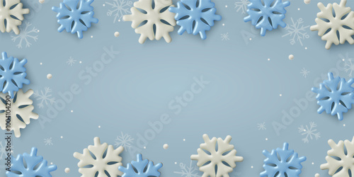 Winter 3d background design with white and blue snowflakes frame. Three dimensional vector banner with copy space.
