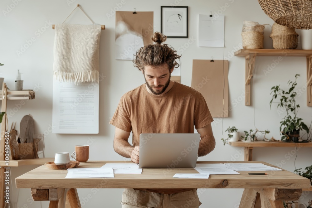 A man with a focused expression works on his laptop while surrounded by papers in a bright, serene home office with artistic decor and a neutral palette. A man with a focused expression works on his laptop while surrounded by papers in a bright, serene home office with artistic decor and a neutral palette.