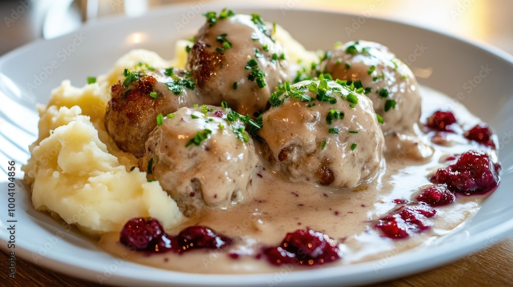 A Swedish meatball dish with creamy gravy, mashed potatoes, and lingonberry sauce. A Swedish meatball dish with creamy gravy, mashed potatoes, and lingonberry sauce.