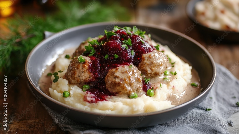 A Swedish meatball dish with creamy gravy, mashed potatoes, and lingonberry sauce. A Swedish meatball dish with creamy gravy, mashed potatoes, and lingonberry sauce.