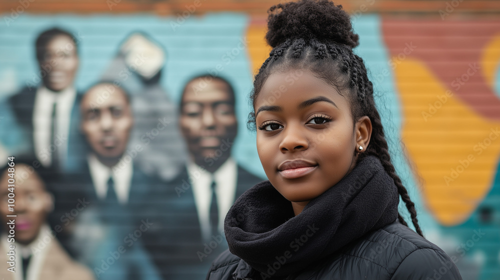 A young Black woman standing proudly in front of a mural of civil rights leaders. Ai generated A young Black woman standing proudly in front of a mural of civil rights leaders. Ai generated