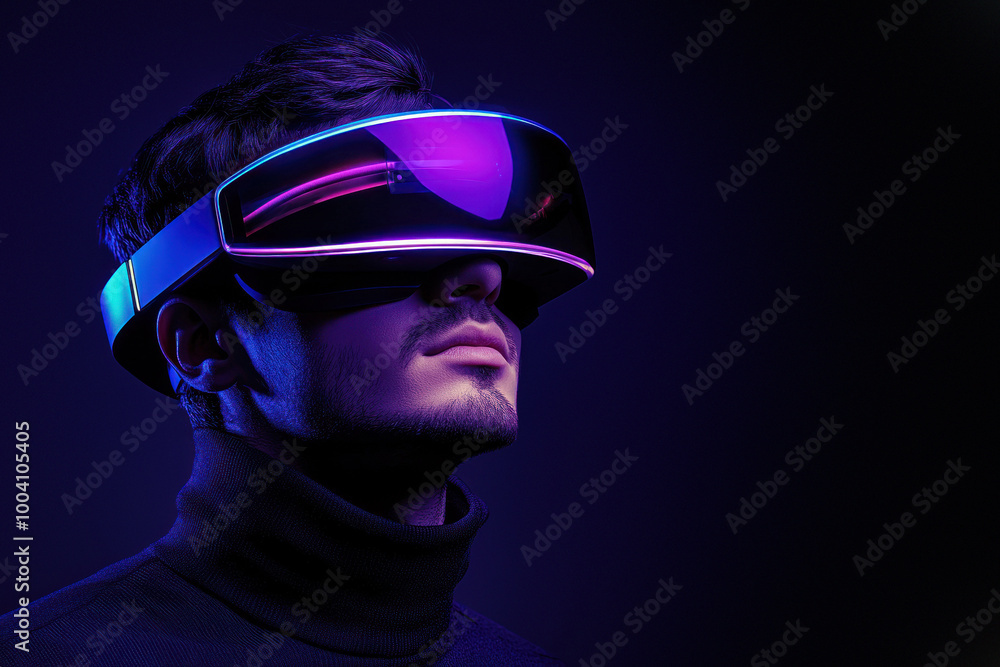 Man with modern VR headset in a purple ambience Man with modern VR headset in a purple ambience