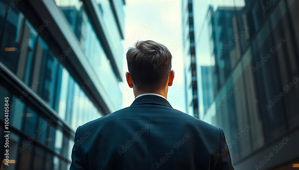 back view of businessman looking at modern office buildings back view of businessman looking at modern office buildings