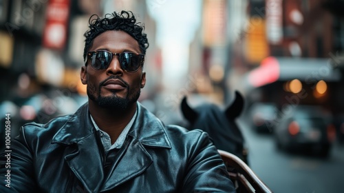 A modern gentleman with well-groomed hair and sunglasses sits atop a horse-drawn carriage in the middle of a vibrant city street, juxtaposing classic and contemporary styles.